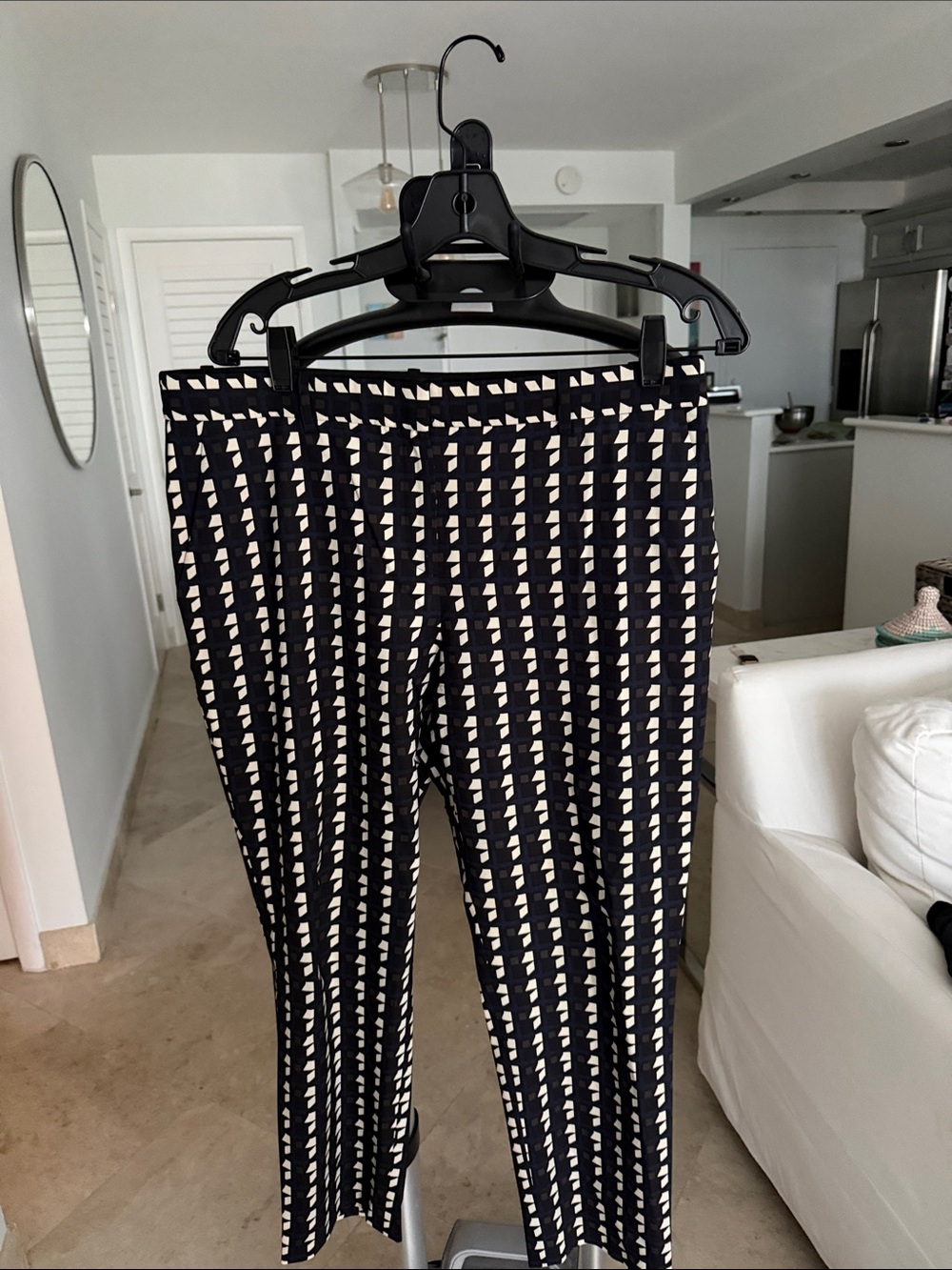 Women's Black & Cream & navy rayon trousers with front zipper and button